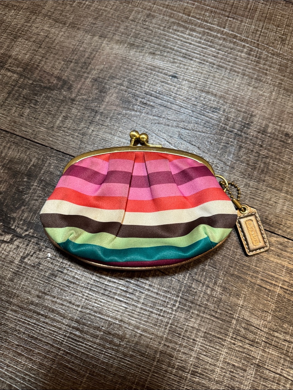 Coach Striped Multi-Color Satin Kiss-Lock Coin Purse